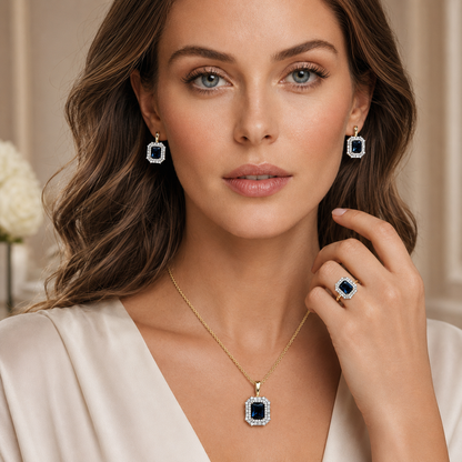 Schmuckset Quadrat Blauer Zirkon 14K Vergoldet – Ring & Kette