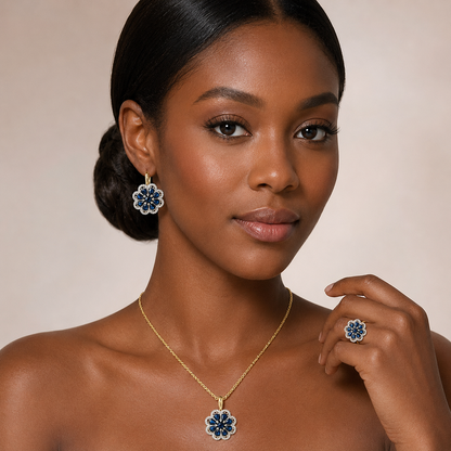 Parure Zircon Bleu Plaqué Or 14K Vintage – Bague & Collier