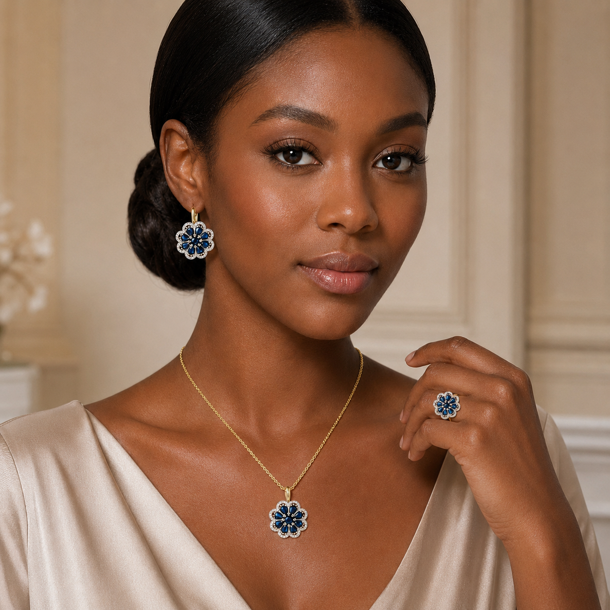 Parure Zircon Bleu Plaqué Or 14K Vintage – Bague & Collier