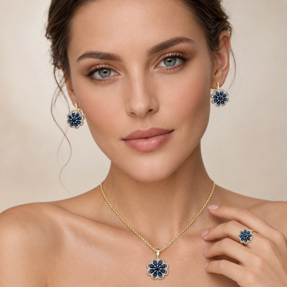 Parure Zircon Bleu Plaqué Or 14K Vintage – Bague & Collier
