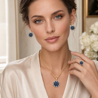 Parure Zircon Bleu Plaqué Or 14K Vintage – Bague & Collier