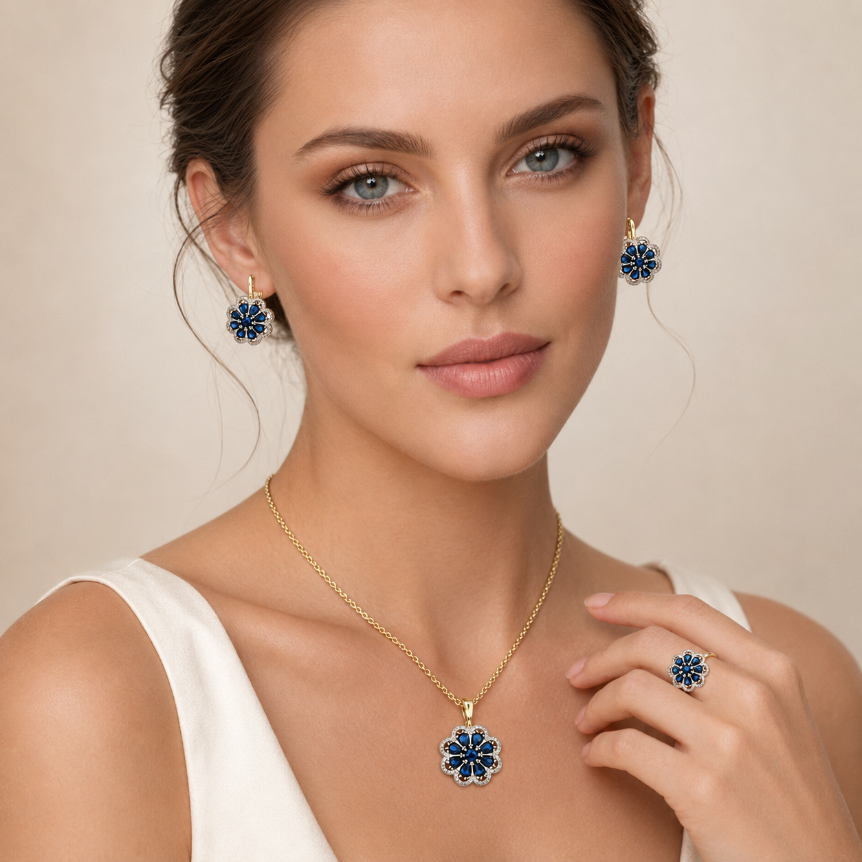 Parure Zircon Bleu Plaqué Or 14K Vintage – Bague & Collier