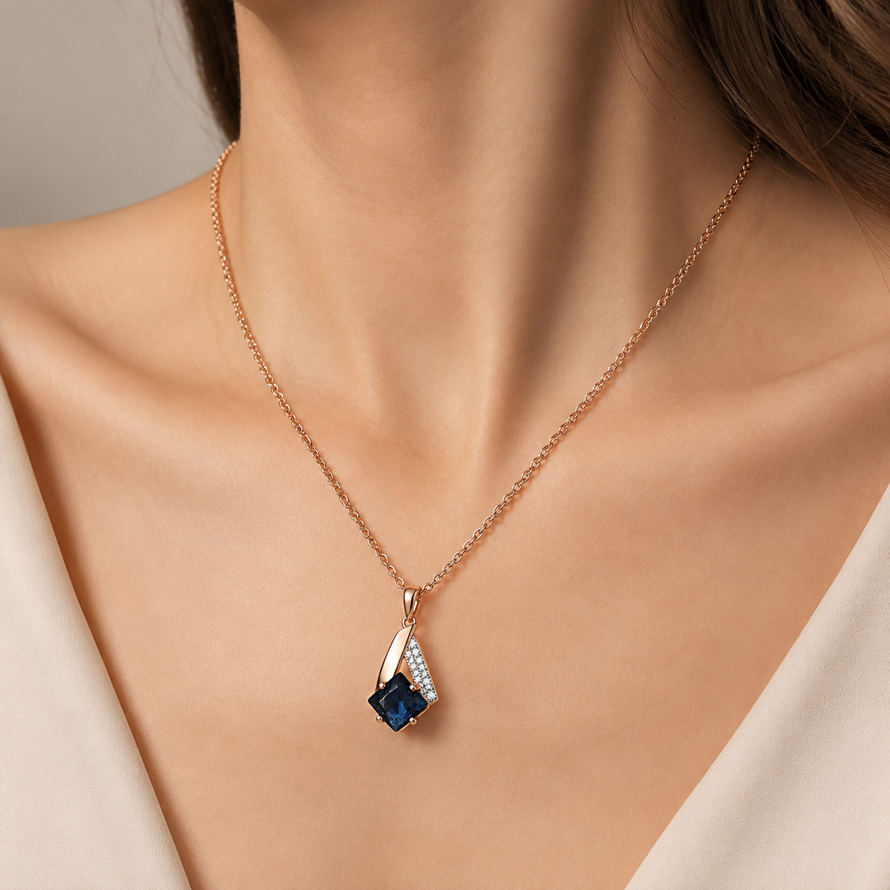 Schmuckset Quadrat Blauer Zirkon Silber Roségold – Ring & Kette