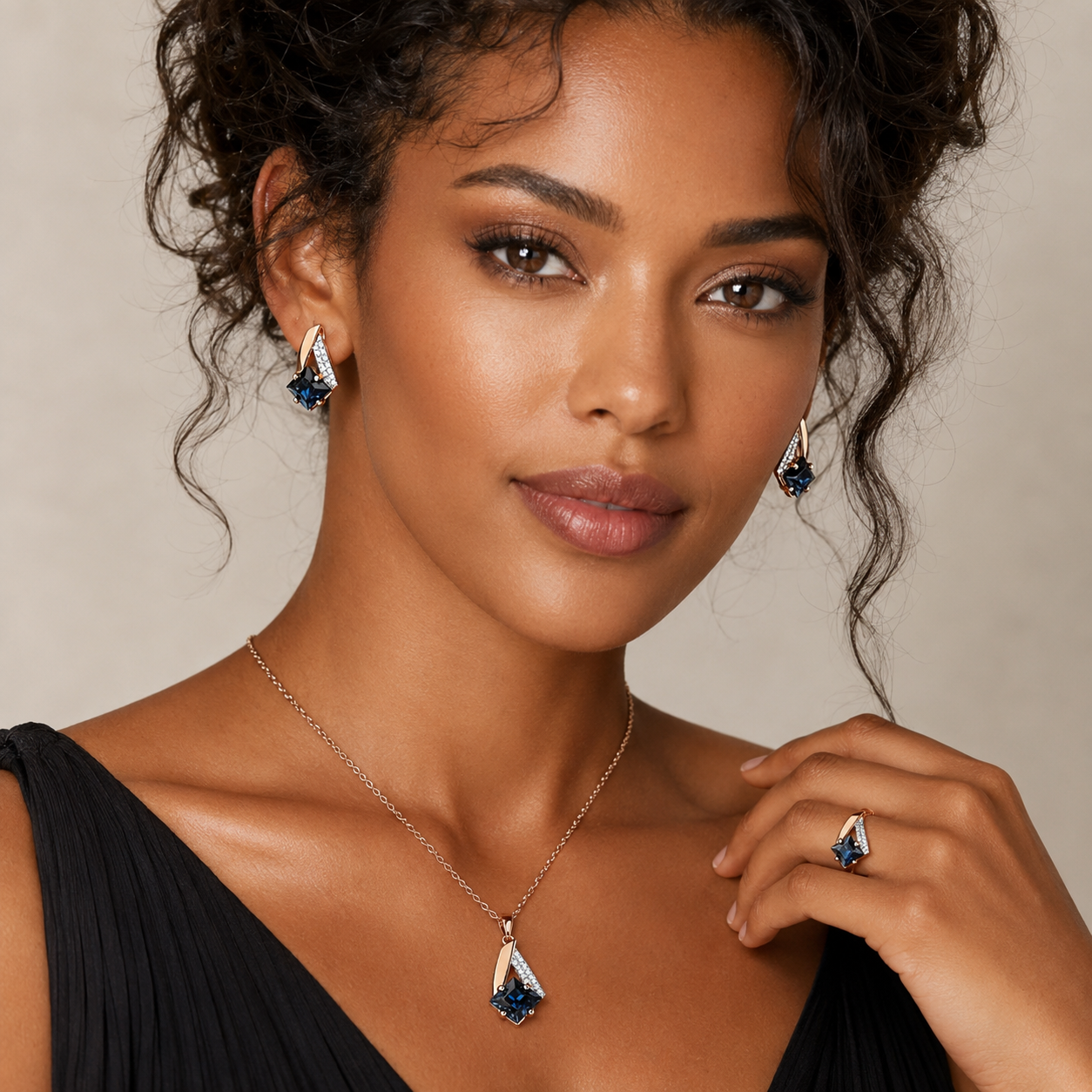 Schmuckset Quadrat Blauer Zirkon Silber Roségold – Ring & Kette