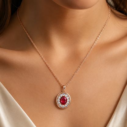 Schmuckset Roter Zirkon Blüte Vintage Roségold – Ring & Kette
