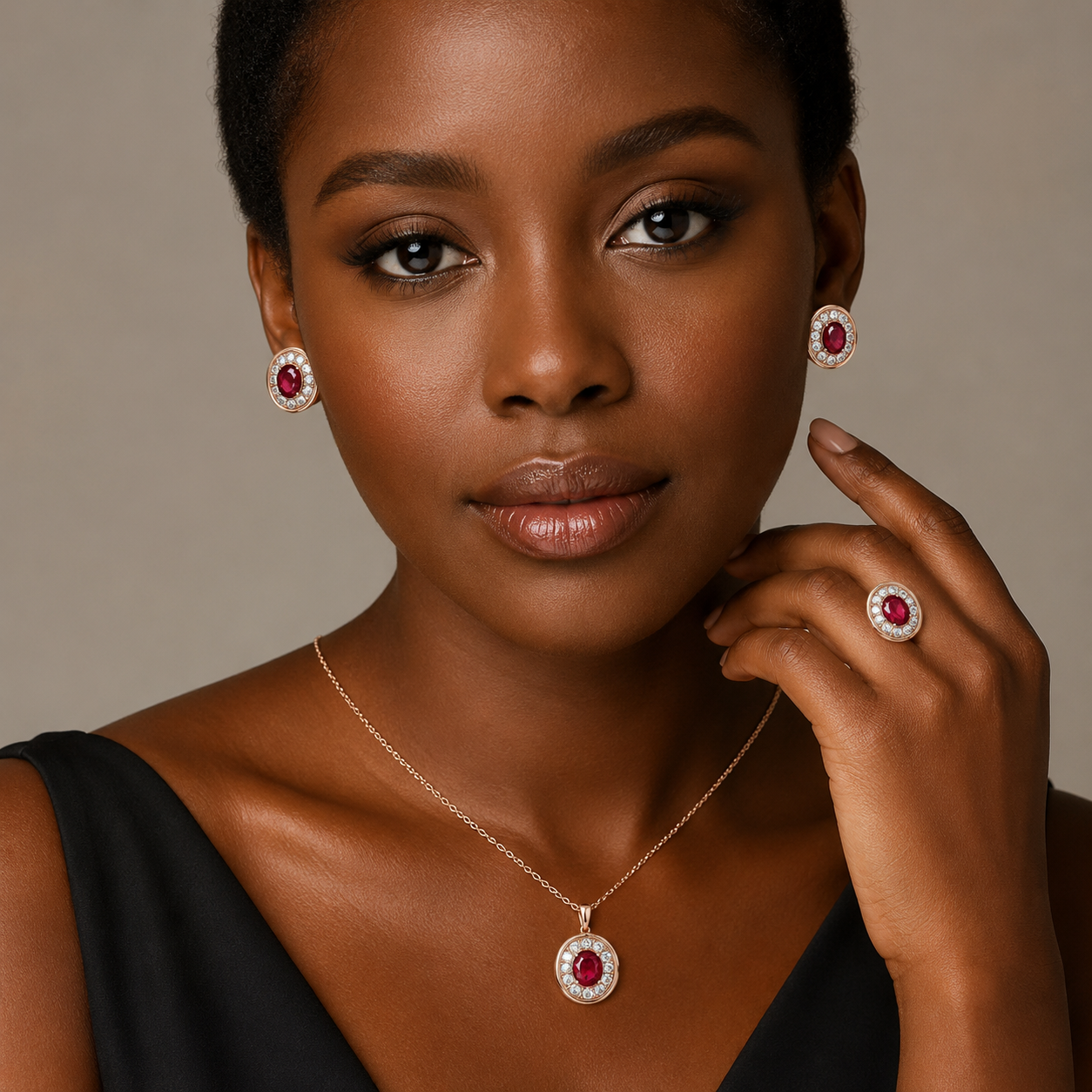 Schmuckset Roter Zirkon Blüte Vintage Roségold – Ring & Kette