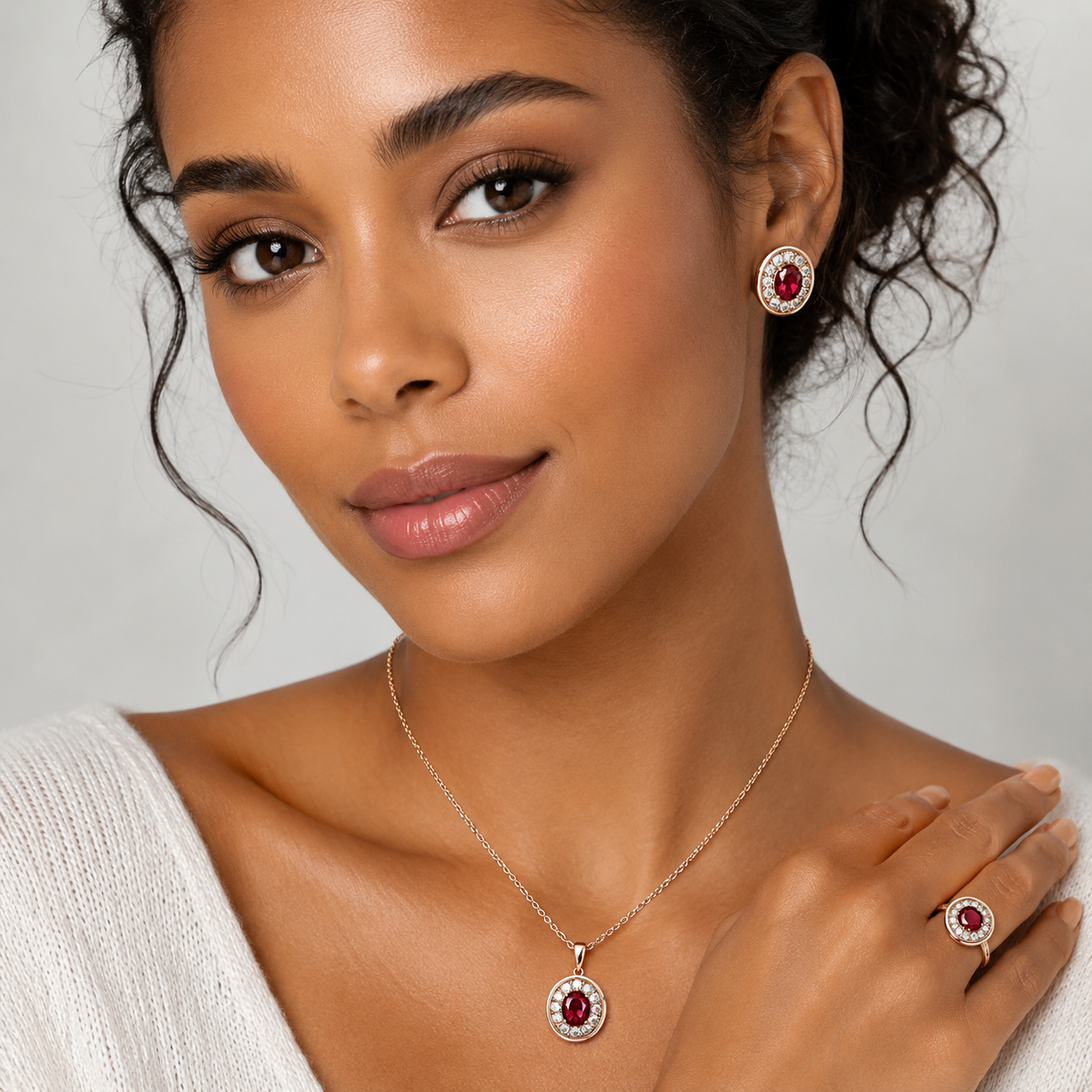 Schmuckset Roter Zirkon Blüte Vintage Roségold – Ring & Kette