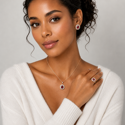 Schmuckset Roter Zirkon Blüte Vintage Roségold – Ring & Kette