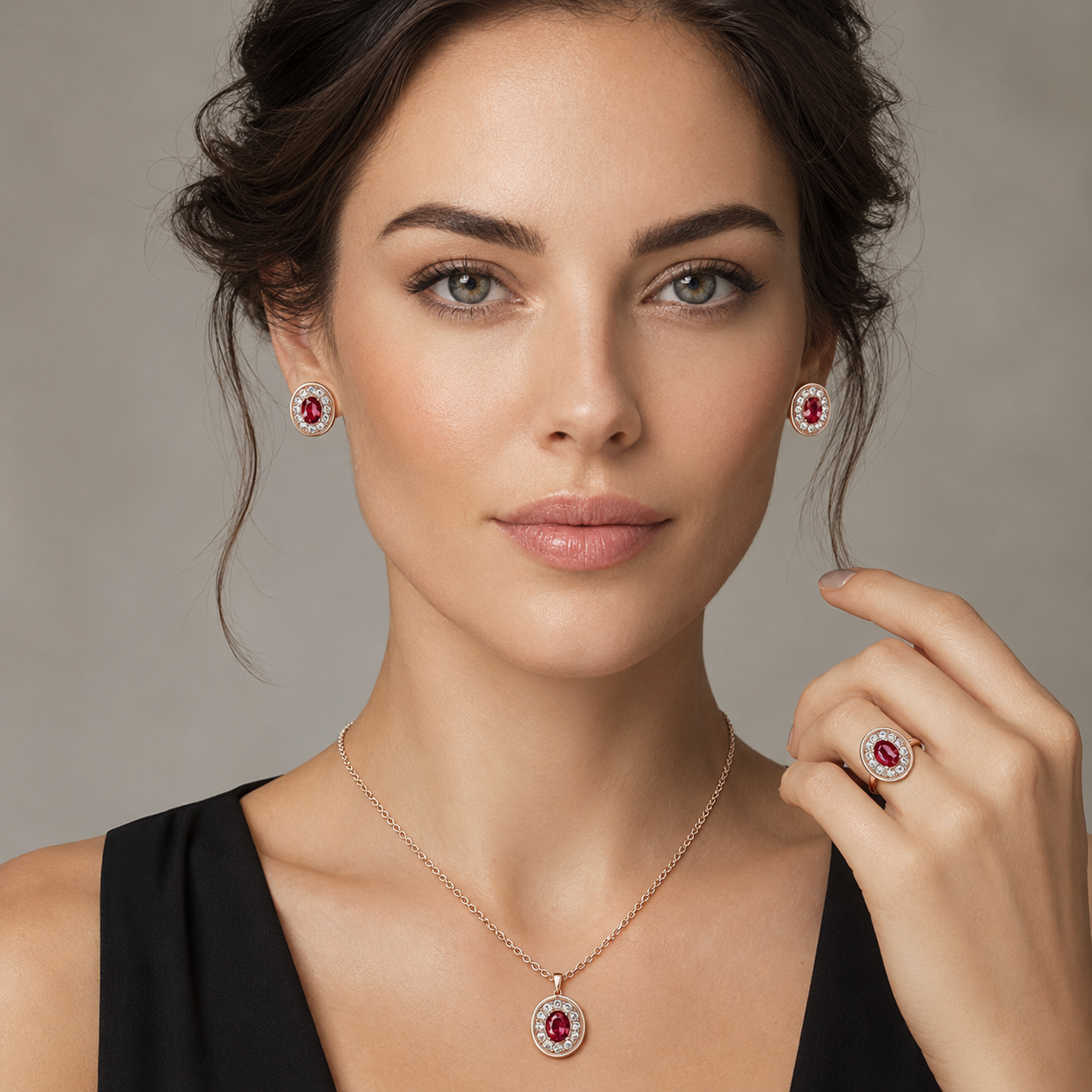 Schmuckset Roter Zirkon Blüte Vintage Roségold – Ring & Kette