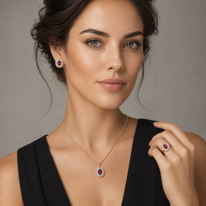 Schmuckset Roter Zirkon Blüte Vintage Roségold – Ring & Kette
