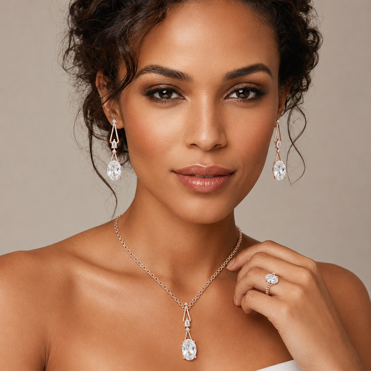 Schmuckset Quadrat Blauer Zirkon Silber Mix Roségold – Ring & Kette
