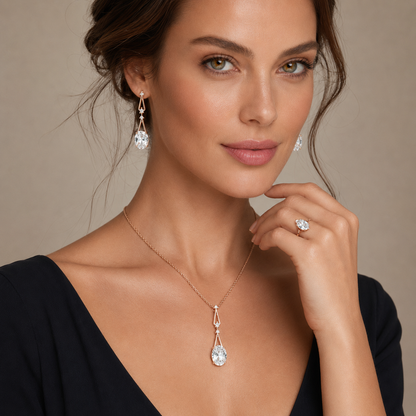 Schmuckset Quadrat Blauer Zirkon Silber Mix Roségold – Ring & Kette