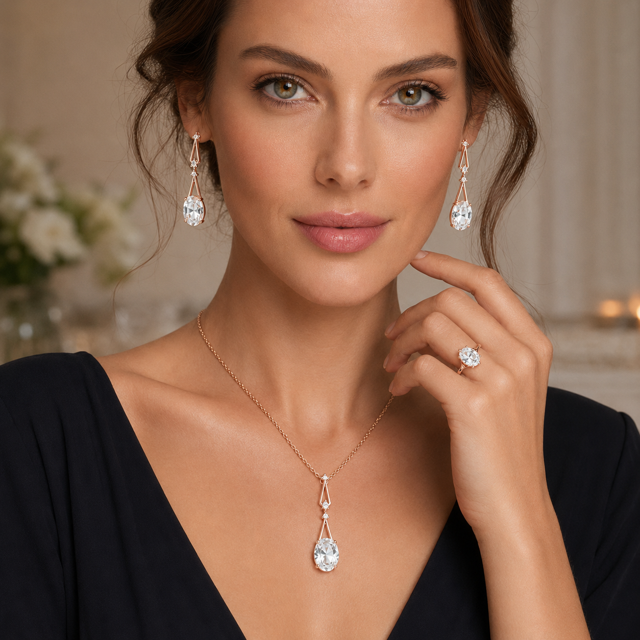 Schmuckset Quadrat Blauer Zirkon Silber Mix Roségold – Ring & Kette