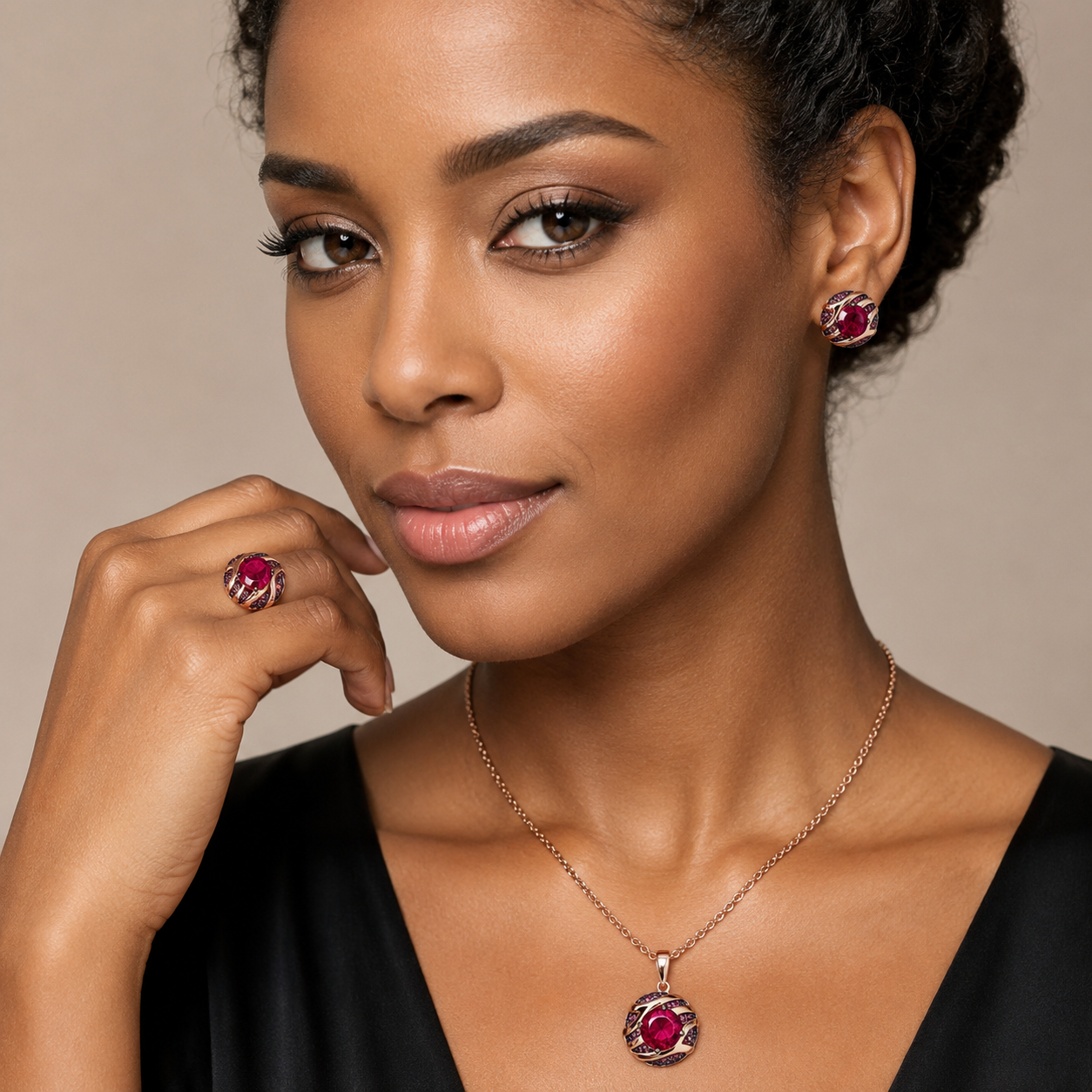 Schmuckset Roter Zirkon Schwarzgold Mix Roségold – Ring & Kette