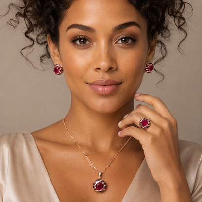 Schmuckset Roter Zirkon Schwarzgold Mix Roségold – Ring & Kette