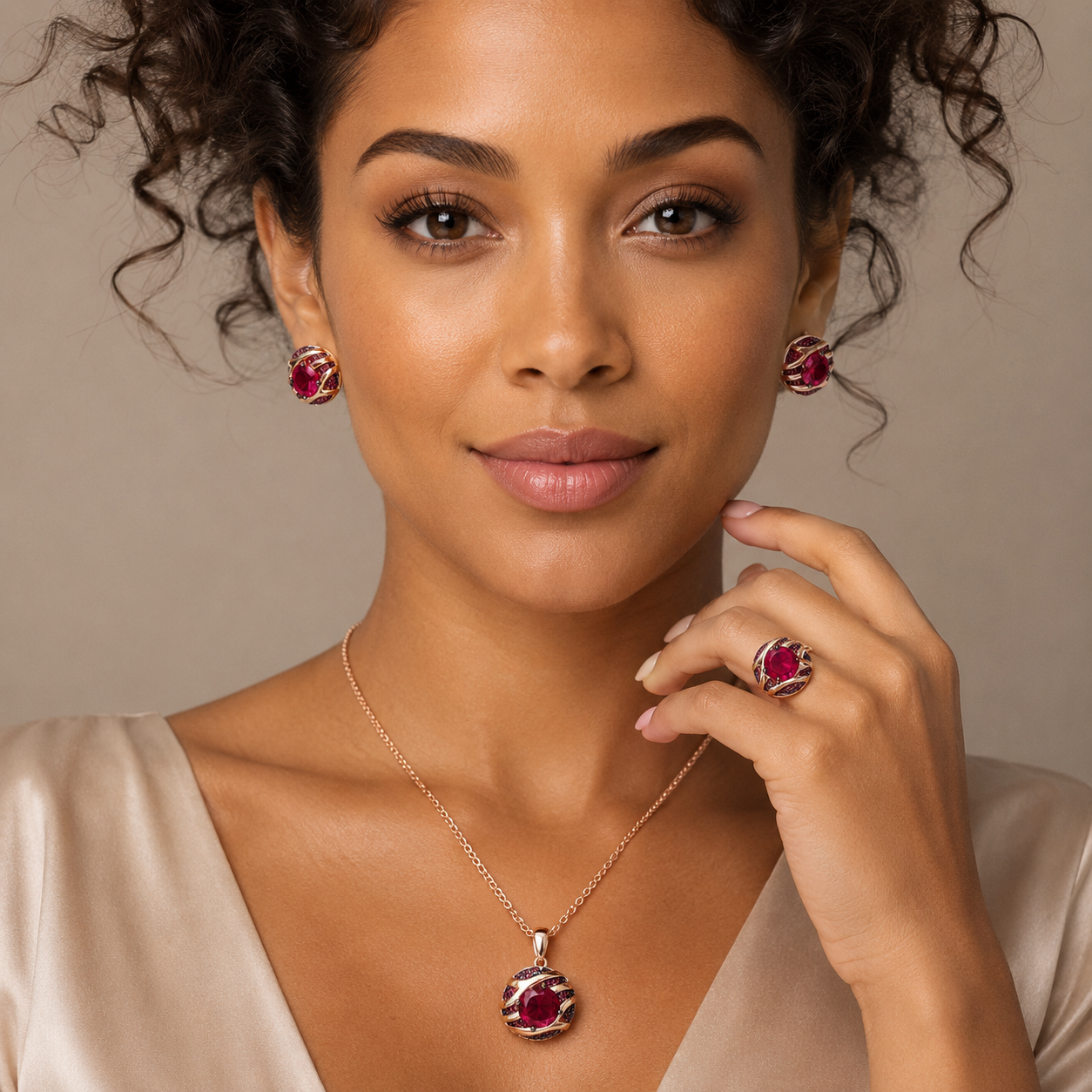 Schmuckset Roter Zirkon Schwarzgold Mix Roségold