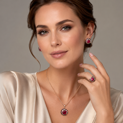 Schmuckset Roter Zirkon Schwarzgold Mix Roségold – Ring & Kette