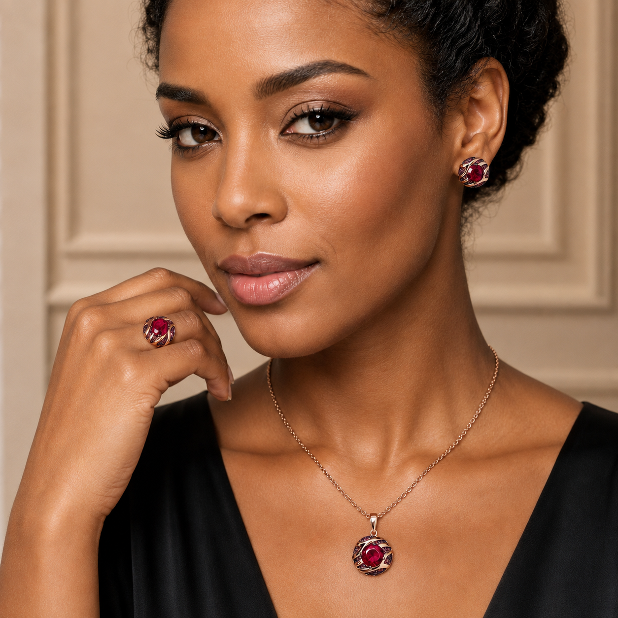 Schmuckset Roter Zirkon Schwarzgold Mix Roségold – Ring & Kette