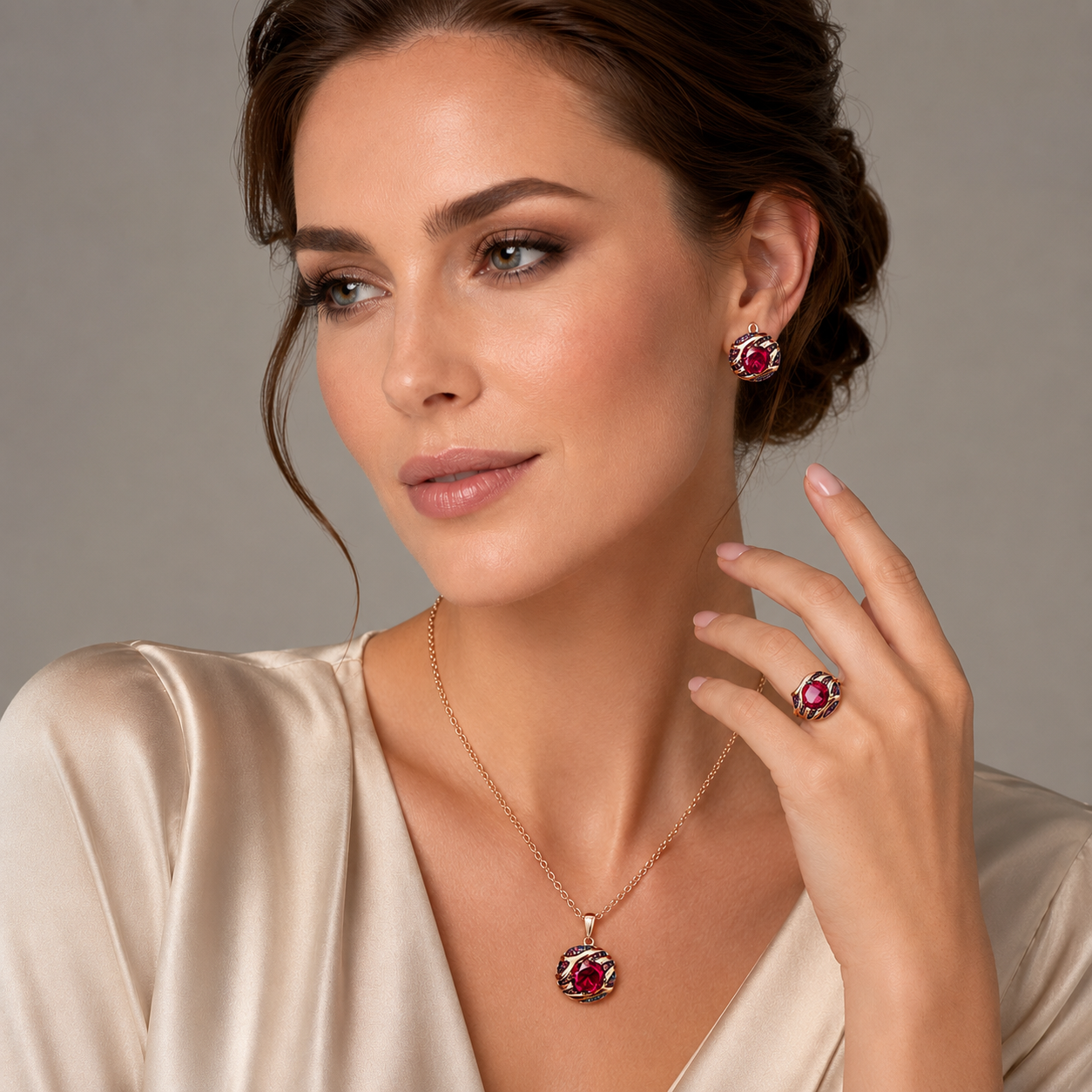 Schmuckset Roter Zirkon Schwarzgold Mix Roségold