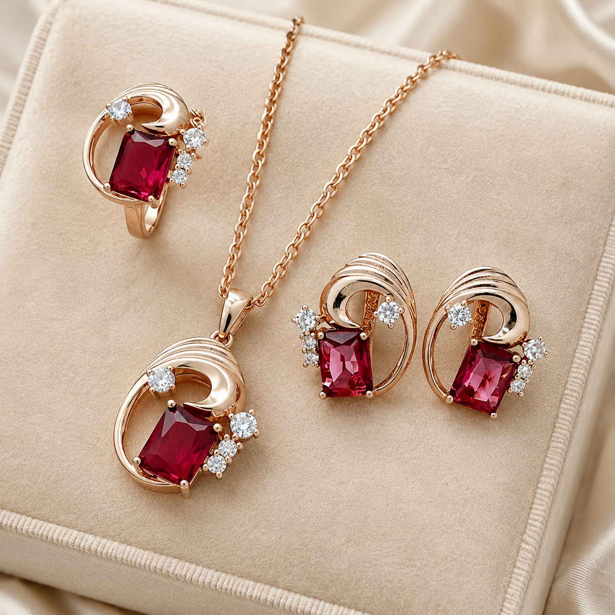 Schmuckset Roter Zirkon Quadrat Roségold – Ring, Ohrringe & Kette