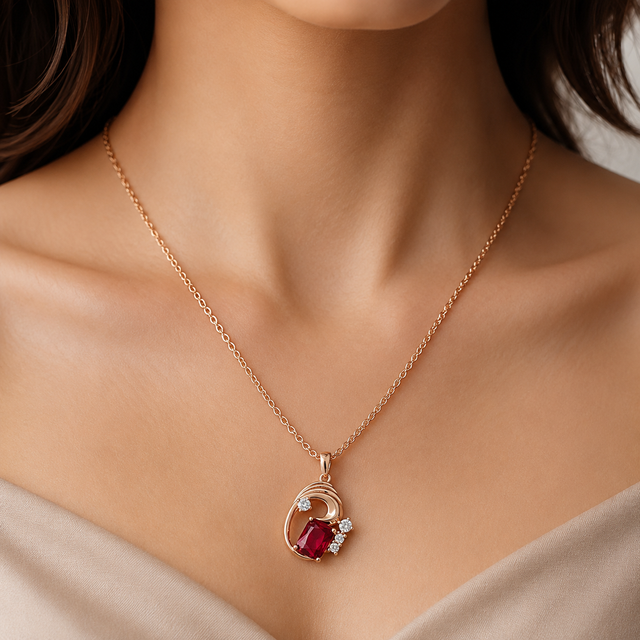 Schmuckset Roter Zirkon Quadrat Roségold – Ring, Ohrringe & Kette
