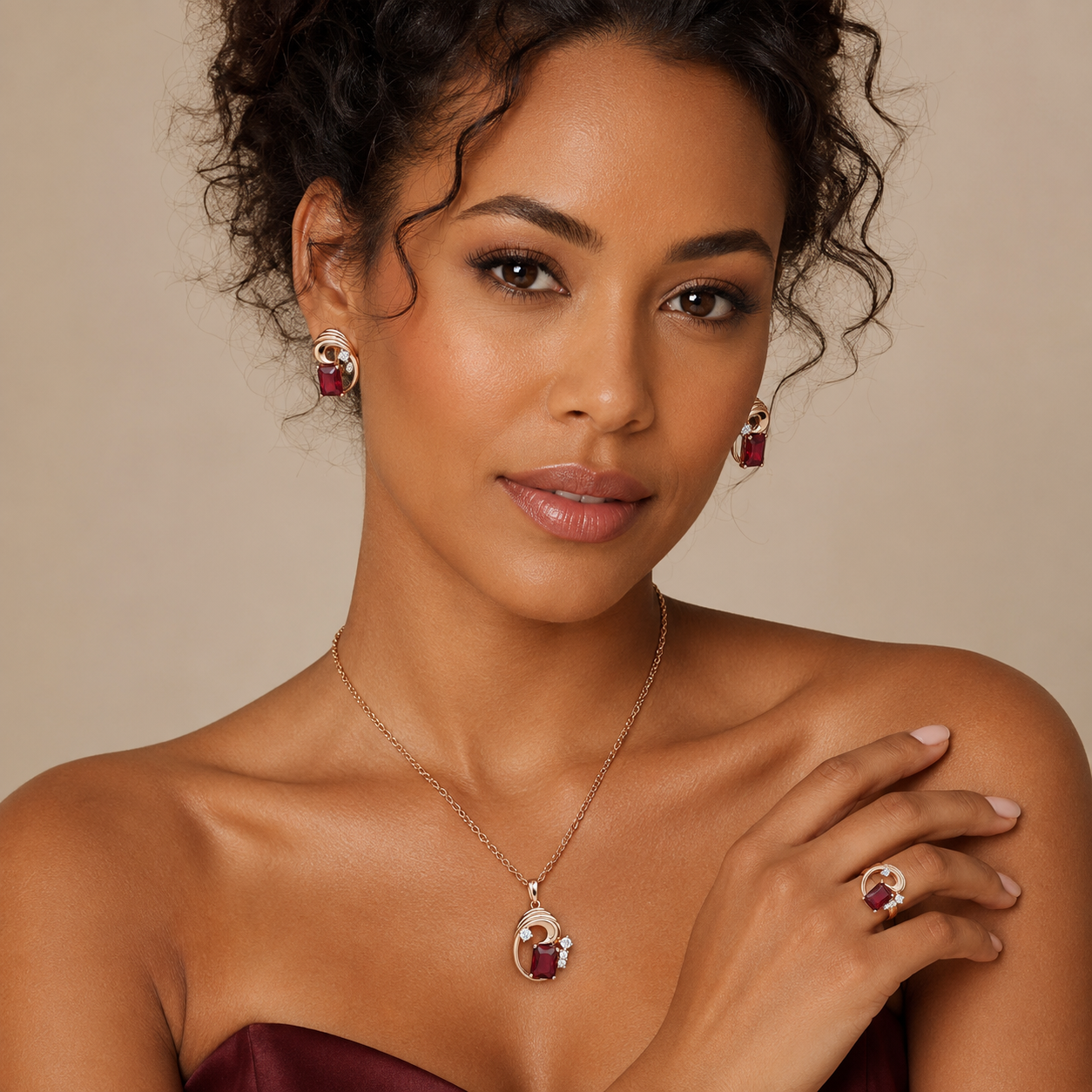 Schmuckset Roter Zirkon Quadrat Roségold – Ring, Ohrringe & Kette