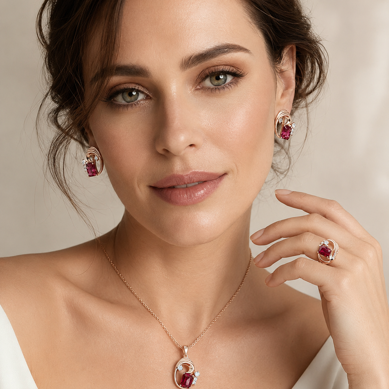 Schmuckset Roter Zirkon Quadrat Roségold – Ring, Ohrringe & Kette