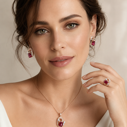 Schmuckset Roter Zirkon Quadrat Roségold – Ring, Ohrringe & Kette