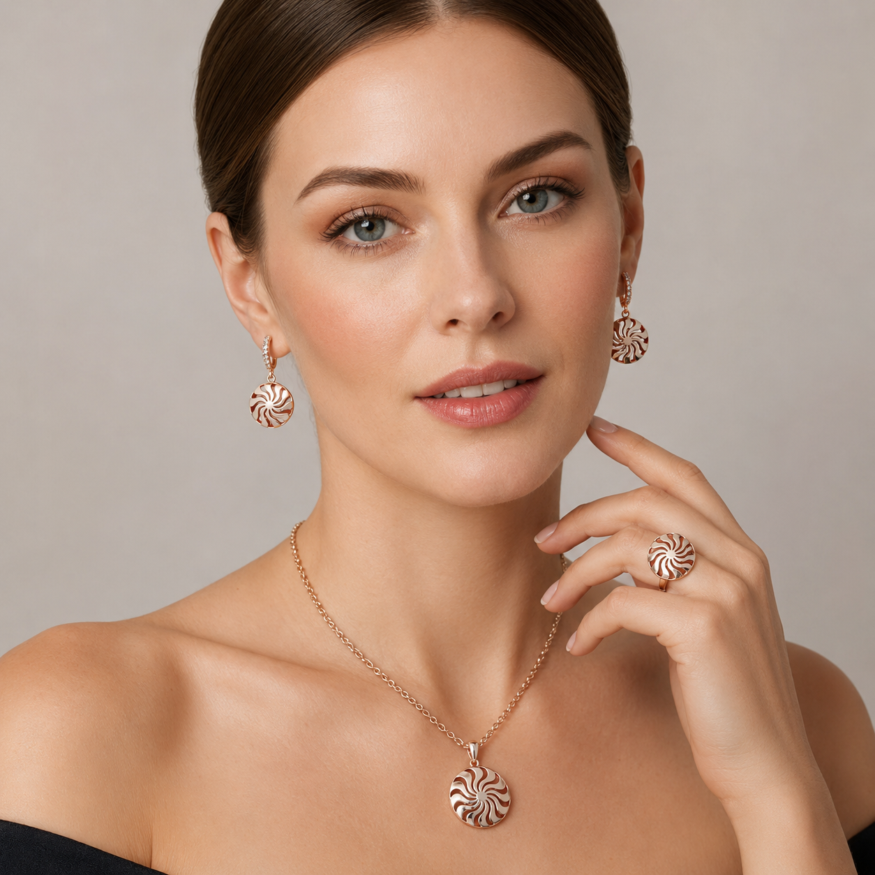 Schmuckset Braut Ethno Hohlmuster Roségold – Ring, Ohrringe & Kette