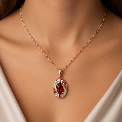 Schmuckset Roter Zirkon Raute Roségold – Ring, Ohrringe & Kette