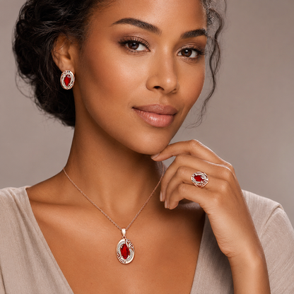 Schmuckset Roter Zirkon Raute Roségold – Ring, Ohrringe & Kette