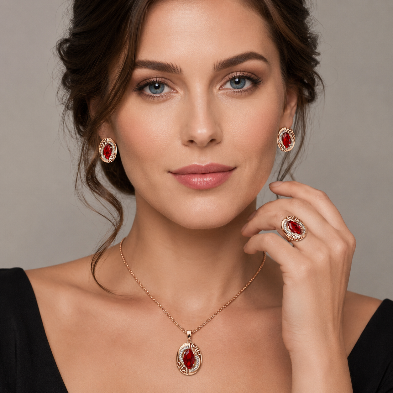 Schmuckset Roter Zirkon Raute Roségold – Ring, Ohrringe & Kette