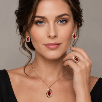 Schmuckset Roter Zirkon Raute Roségold – Ring, Ohrringe & Kette