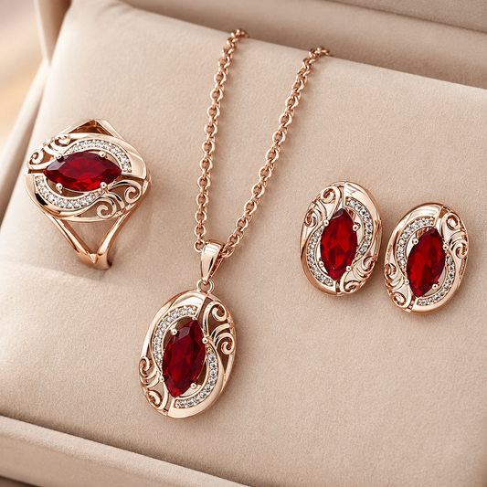 Schmuckset Roter Zirkon Raute Roségold – Ring, Ohrringe & Kette
