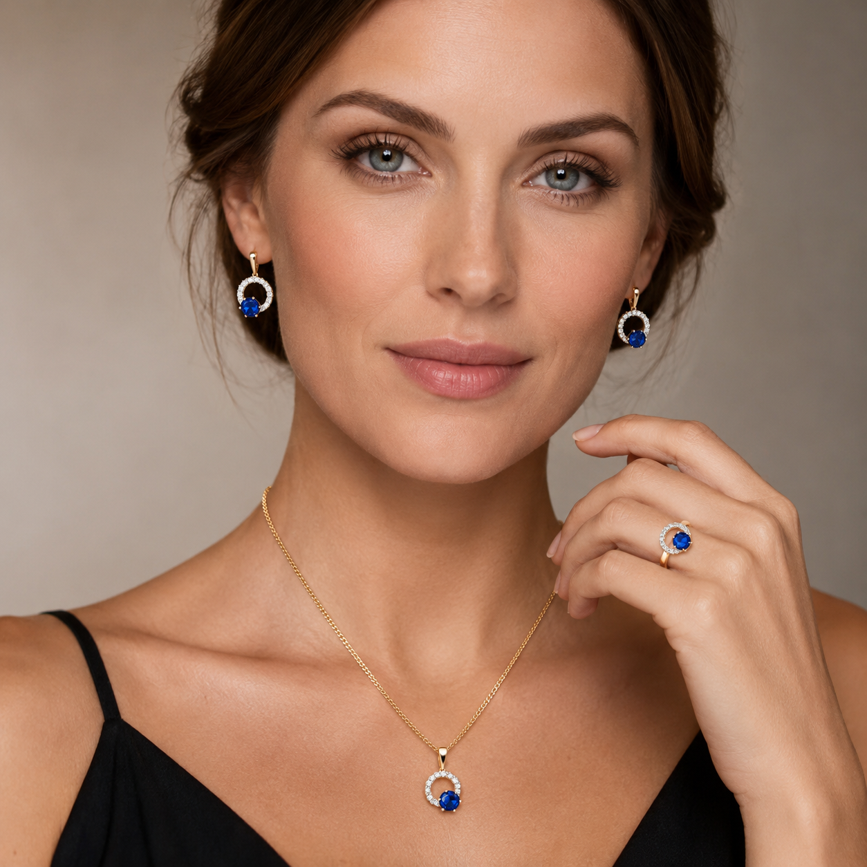 Schmuckset Blauer Zirkon Roségold – Ring, Ohrringe & Kette Damen