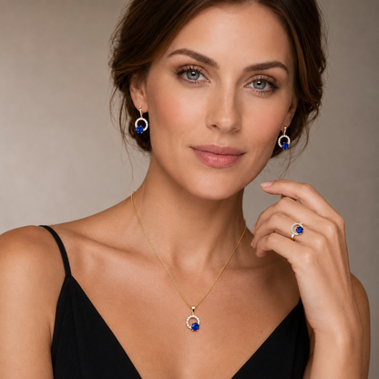 Schmuckset Blauer Zirkon Roségold – Ring, Ohrringe & Kette Damen