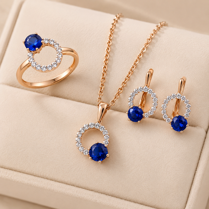 Schmuckset Blauer Zirkon Roségold – Ring, Ohrringe & Kette Damen