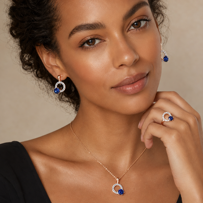 Schmuckset Blauer Zirkon Roségold – Ring, Ohrringe & Kette Damen