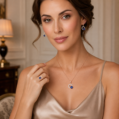 Schmuckset Blauer Zirkon Roségold – Ring, Ohrringe & Kette Damen