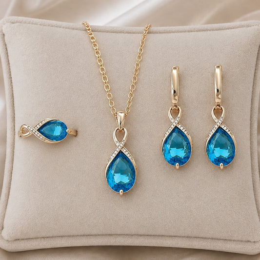 Parure Zircon Bleu Bague Boucles d'Oreilles Collier 585 Or Rose Brillante