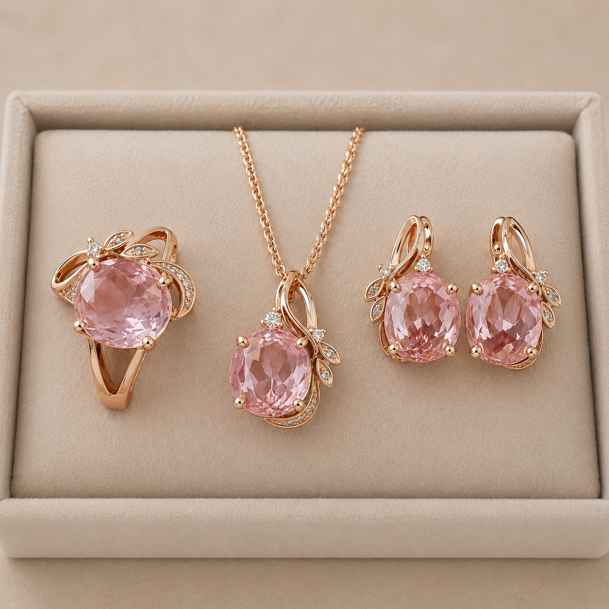 Schmuckset Rosa Zirkon Ring Ohrringe Halskette 585 Roségold Ethnisch