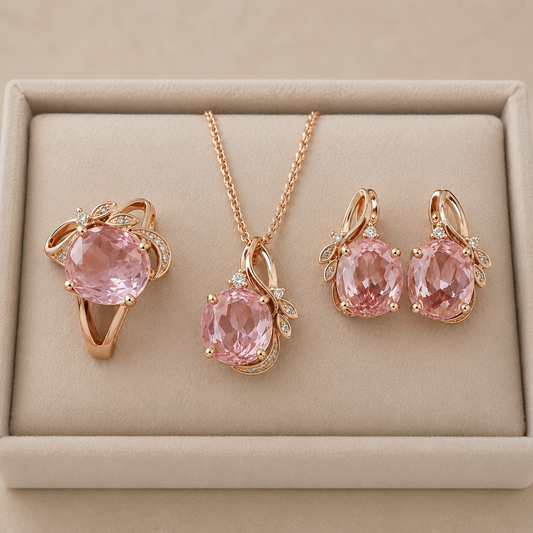 Schmuckset Rosa Zirkon Ring Ohrringe Halskette 585 Roségold Ethnisch