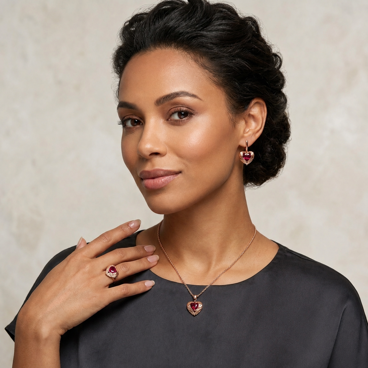Rotes Zirkon Schmuck Set Damen 585 Roségold Ring Ohrringe Halskette Vintage