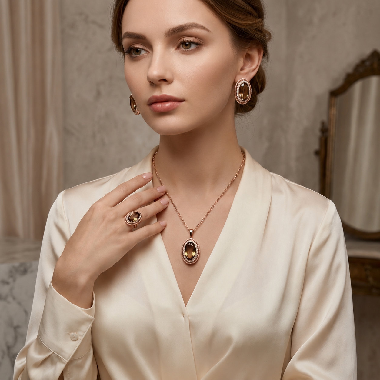 Parure Zircon Ovale Marron Mariage Femme Or Rose