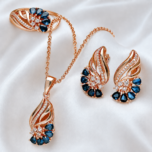 Parure Zircon Bleu Éclatante Femme 585 Or Rose Bague Boucles d'Oreilles Collier