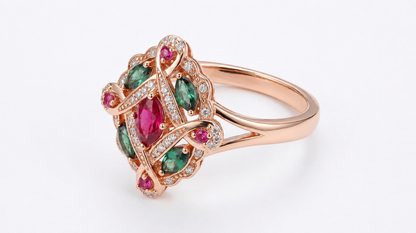 Parure Vintage Ethnique Or Rose Zircon Vert Rouge