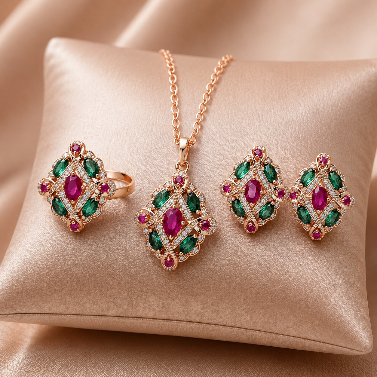 Parure Vintage Ethnique Or Rose Zircon Vert Rouge