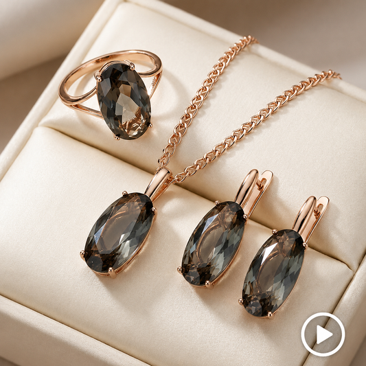Schmuckset Grau Oval Zirkon Ring Ohrringe Halskette 585 Roségold