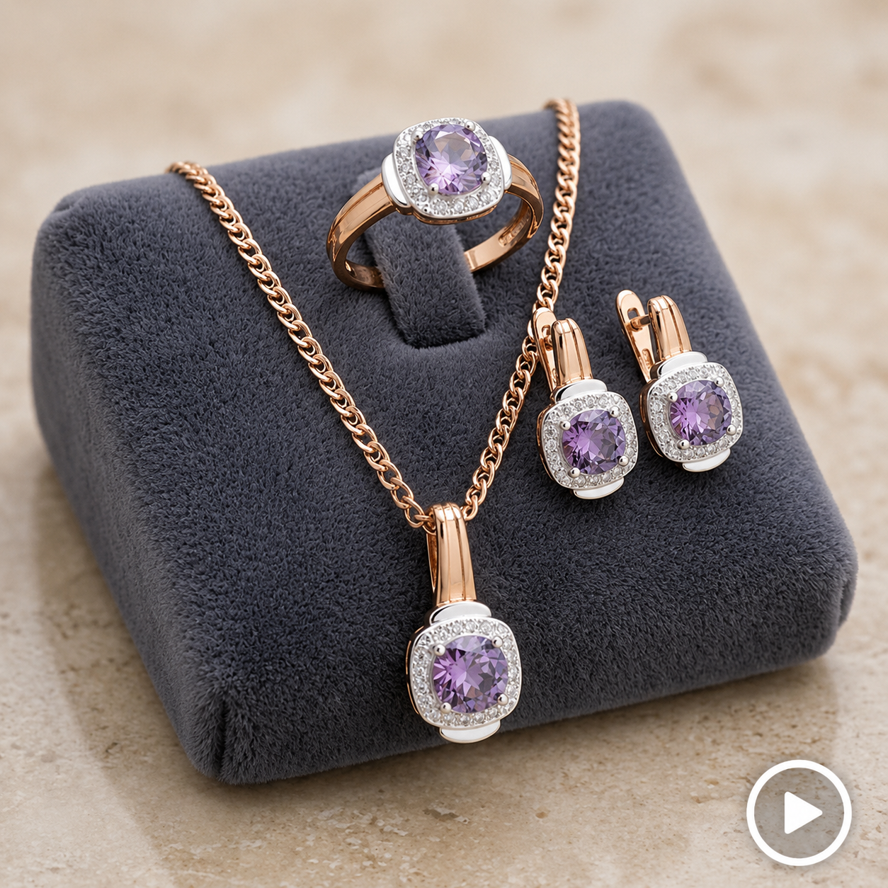 Schmuckset Lila Zirkon Ring Ohrringe Halskette 585 Roségold Hochzeit