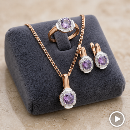 Schmuckset Lila Zirkon Ring Ohrringe Halskette 585 Roségold Hochzeit